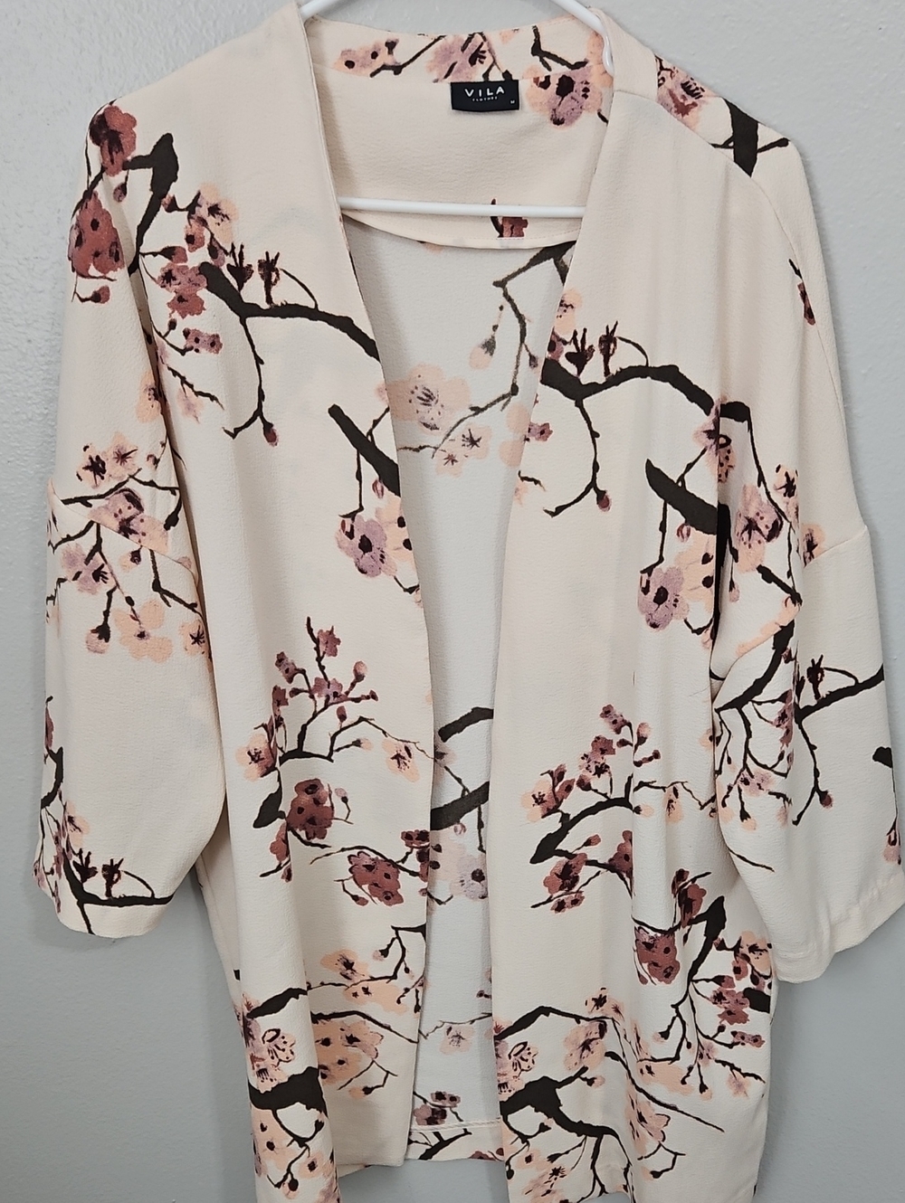 VILA Cream Floral Open-Front Tunic with Pink Blossom Print
